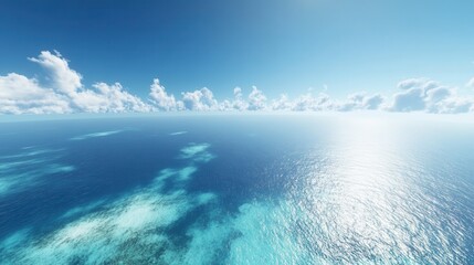 A tranquil view of the expansive ocean reflecting sunlight, dotted with gentle waves, under a bright sky with fluffy white clouds. Generative AI