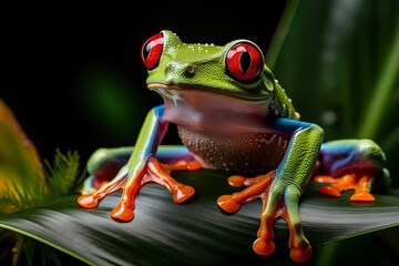 Naklejka premium A vibrant red-eyed tree frog perched on a lush green leaf, showcasing its colorful skin in a tropical setting.
