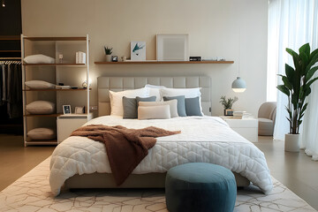 Big comfortable bed, shelving unit, bedside table and poufs in interior of bedroom