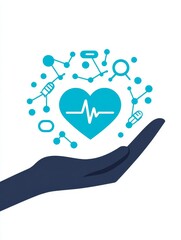 Healthcare Medical Icon in Hand - Symbolizing health, care, technology, innovation, and protection. A hand gently cradles a heart with a heartbeat, surrounded by medical symbols.
