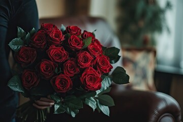Fototapeta premium A man holds a bouquet of red roses behind his back for his beloved woman, who is sitting on the sofa in the living room at home