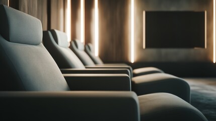 Fototapeta premium Modern minimalist home cinema with clean, stylish design. Featuring neutral tones and sleek seating