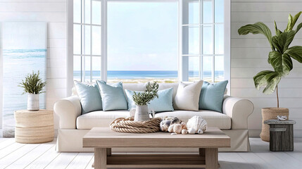 Ferienhaus Wohnzimmer mit sanften Beigetönen und blauen Kissen – Urlaub mit Meerblick