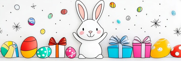 Naklejka premium Happy Easter Bunny with Gifts - Adorable cartoon bunny, colorful eggs, presents, festive background. Symbolizes joy, celebration, spring, new beginnings, sweetness.