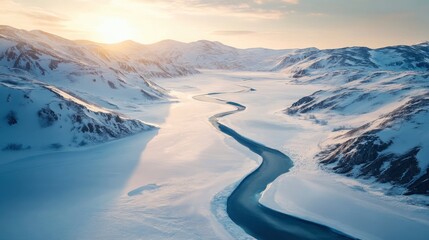 A stunning winter landscape featuring a frozen river winding through snow-covered hills, with soft...