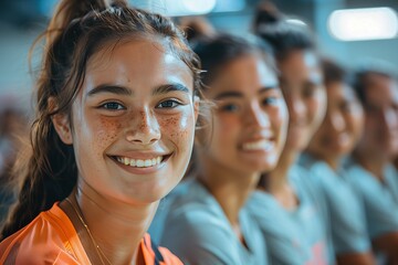 Obraz premium A young athlete smiles brightly while participating in a sports event, embodying joy and teamwork.