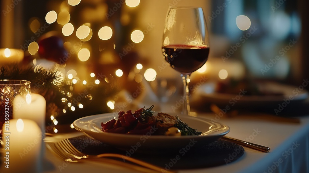 Poster luxurious dining table set for an elegant evening with gourmet dish and fine wine in a festive atmos