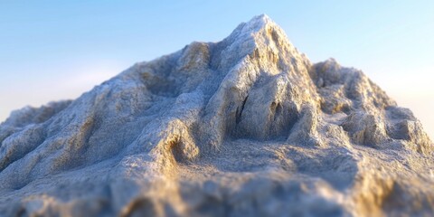 A stunning mountain peak is illuminated by the soft early morning light, highlighting its rugged terrain and beautiful natural features against a clear blue sky. Generative AI