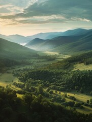 Fototapeta premium A tranquil mountainous landscape at sunrise, with verdant fields and forests, providing a serene outdoor adventure.