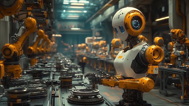 Futuristic robot assembly line in a factory.