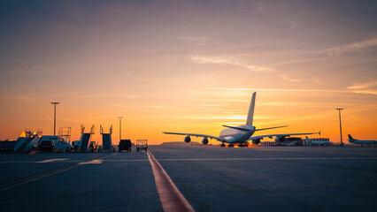 Traffic at airport at golden sunset. Wide shot of passenger airplane taking off from runway.. © Chalabala