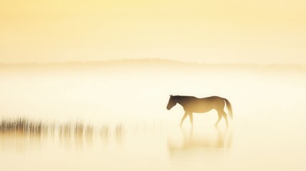 Fototapeta premium Horse walking misty golden water at sunrise