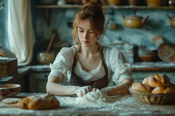A young woman kneads dough in a rustic kitchen, surrounded by fresh bread and baking ingredients.