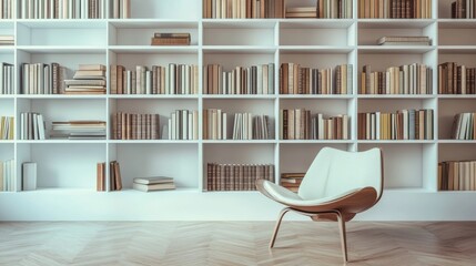 Modern minimalist home library with minimal furnishings. Featuring a clean, open design with sleek lines