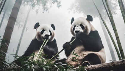 Gentle Giant Pandas Munching Bamboo Stalks in a Misty Mountain Grove