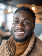 Fototapeta premium A cheerful young man with a beard, smiling broadly at the camera. He's wearing a brown jacket and appears to be in an indoor setting with a warm ambiance.