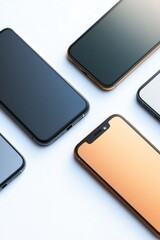 Close-up view of three smartphones on a table. The devices feature modern designs and interfaces.