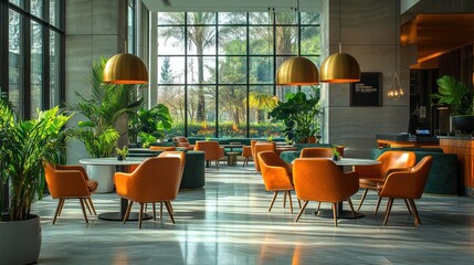Modern, sunlit lounge with orange chairs, green plants, and large windows overlooking a garden.