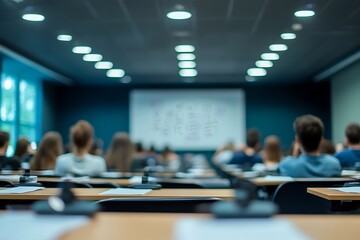 Fototapeta premium Blurred Students Sitting in a Blue University Classroom