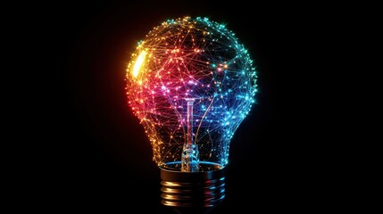 Light bulb with an intricate network of glowing connections inside, symbolizing the flow of ideas and creative thinking, with vibrant colors representing innovation. black background.