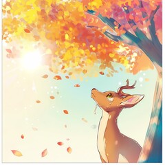 Naklejka premium Autumn's Embrace: A lone deer gazes upward beneath a radiant autumn tree, leaves gently falling around it, creating a serene and melancholic atmosphere.