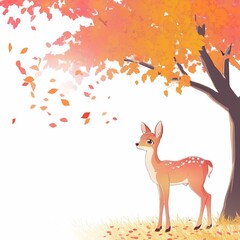 Fawn Under Autumn Leaves: A delicate fawn stands beneath a vibrant autumn tree, its soft brown fur blending with the falling leaves. The scene evokes a sense of tranquility and peace.