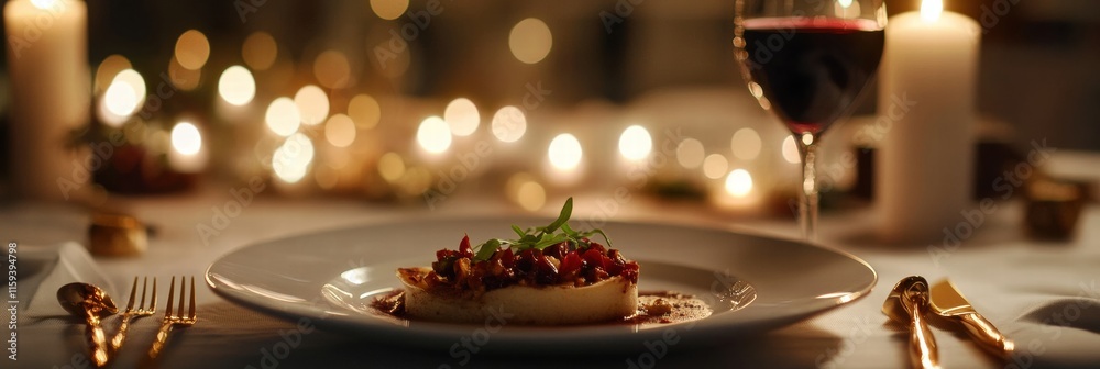 Aufkleber luxurious dining experience featuring gourmet dish and fine wine in an elegant candlelit setting dur