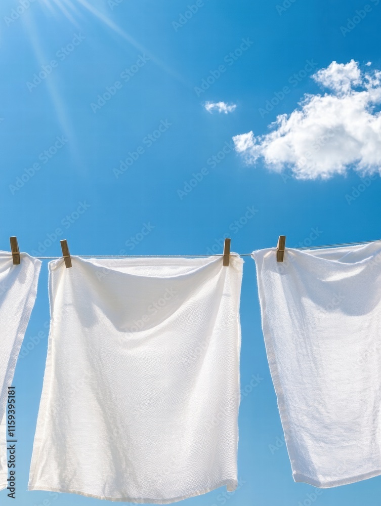 Aufkleber bright white clothes hang to dry under a sunny blue sky with fluffy clouds providing an open space f