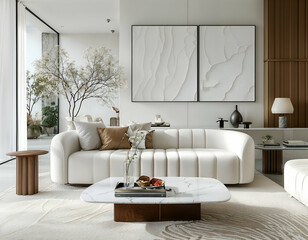 Serene Modern Living Room: Luxurious contemporary interior design with a white sofa, marble coffee table, and elegant artwork.  Captures calm, sophistication, and minimalist aesthetic. 