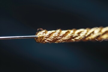 Gold wire thread on a pin. Close-up textures and details of the yarn with an artisan craft quality.