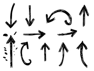Black Brush, marker drawn bold arrows set. Collection of hand drawn doodle thick arrows in different directions. isolated over transparent background PNG cut-out