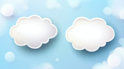 Obraz premium Two blank cloud speech bubbles on light blue bokeh background.