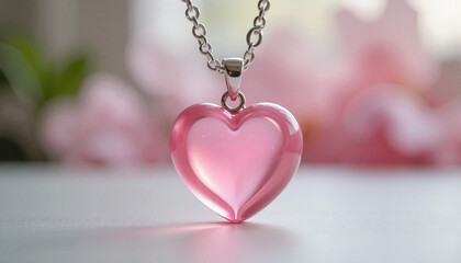 Heart-shaped rose quartz pendant in silver with copy space