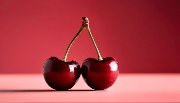 Two vibrant red cherries isolated on dark cherry colour backdrop.