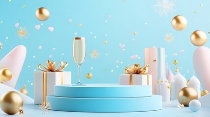 Elegant 3D Geometric Podium with Champagne Fireworks and Modern City Skyline