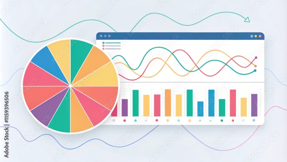 Poster vibrant pie chart partially overlapping a horizontal screen displaying a line graph with an upward t