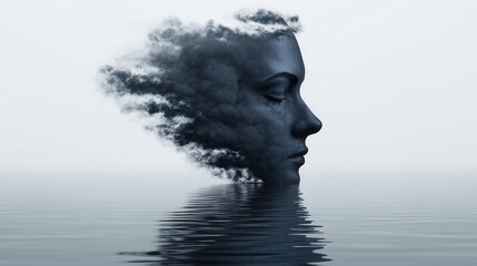 Surreal portrait of woman dissolving cloudy reflections water