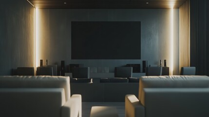 Obraz premium Modern minimalist home theater with clean, stylish design. Featuring neutral tones and sleek seating