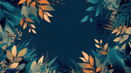 A decorative border of stylized leaves in vibrant colors on a dark background.