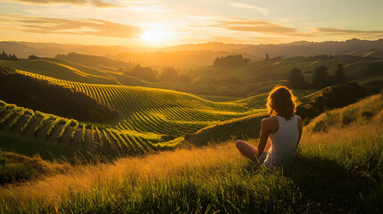 Naklejka premium A woman sitting on a grassy hill overlooking rolling vineyards in a remote valley in New Zealand, Oceania with lush greenery and a golden sunset