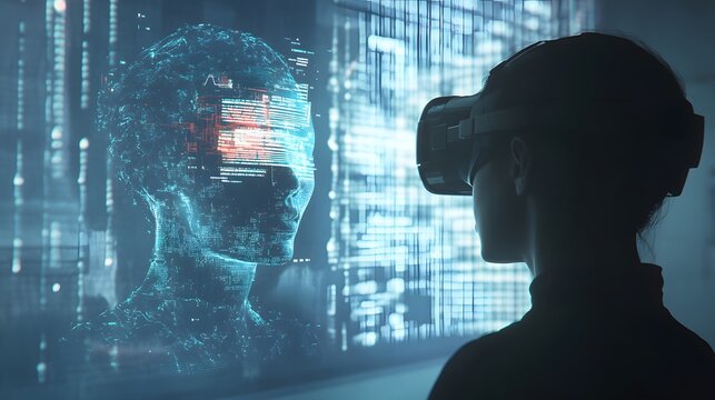 Woman in VR headset views digital holographic head