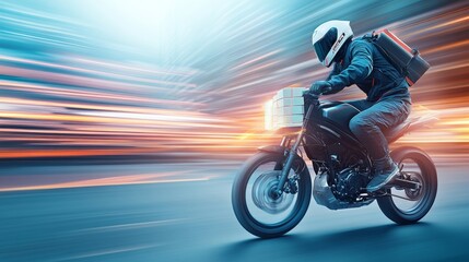 Fototapeta premium Dynamic Urban Delivery Rider on a Motorcycle Speeding Through Modern City with Blurred Motion Background Capture of Fast-Paced Lifestyle and Efficiency