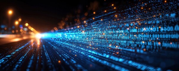 Futuristic blue light beam with binary code and technology concepts