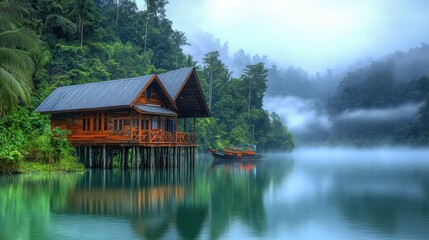 Fototapeta premium lakeside scene featuring a rustic wooden house built on stilts, situated over calm waters. The house has slanted roof and is surrounded by lush greenery, including palm trees and dense forested hills