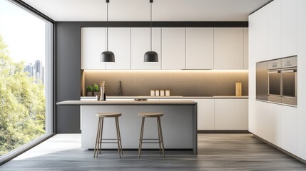 Modern minimalist kitchen with minimal furnishings. Featuring a clean, open design with contemporary lines