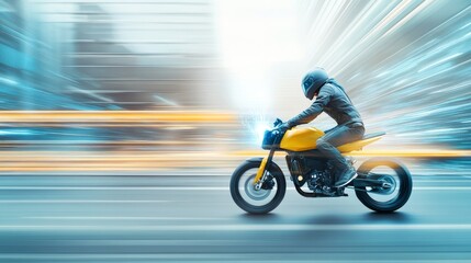 Fototapeta premium Dynamic Motion of a Motorcyclist Riding a Yellow Bike Through a Cityscape with Blurred Background Illustrating Speed and Freedom