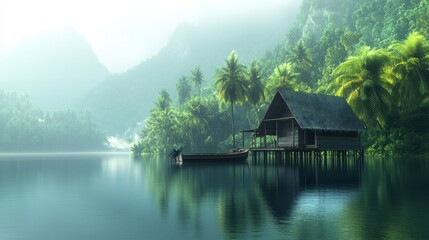 Obraz premium lakeside scene featuring a rustic wooden house built on stilts, situated over calm waters. The house has slanted roof and is surrounded by lush greenery, including palm trees and dense forested hills