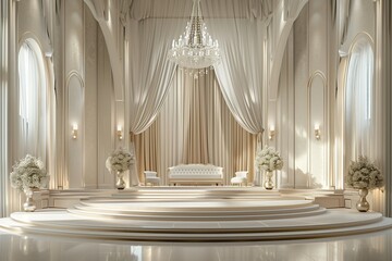 Elegant interior with luxurious decor, featuring soft lighting, draped curtains, and floral arrangements.
