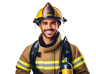 A smiling firefighter wearing a yellow helmet and a yellow jacket