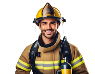 A smiling firefighter wearing a yellow helmet and a yellow jacket